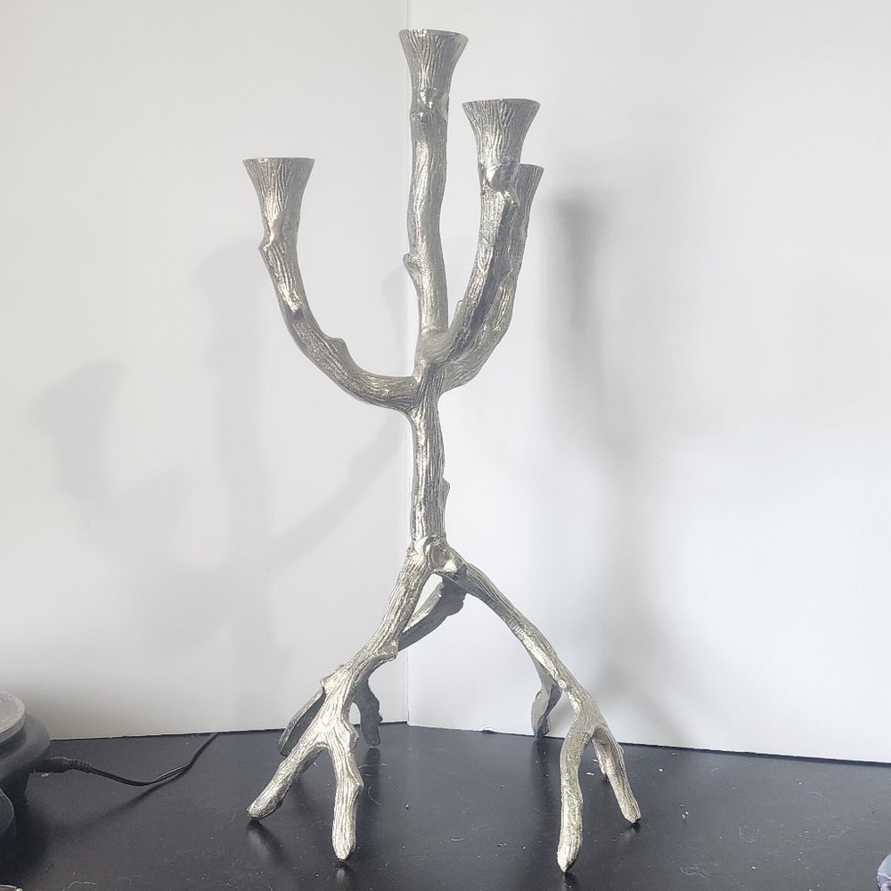 Silver Cast Aluminum 4 Arm Candelabra, Subjective Art Piece